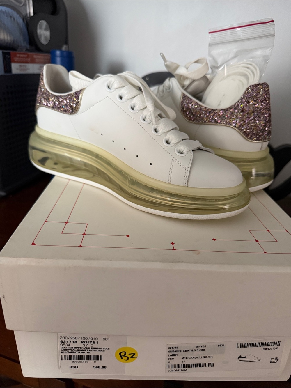 Alexander McQueen White Leather Platform Sneakers with Pink Glitter Heel